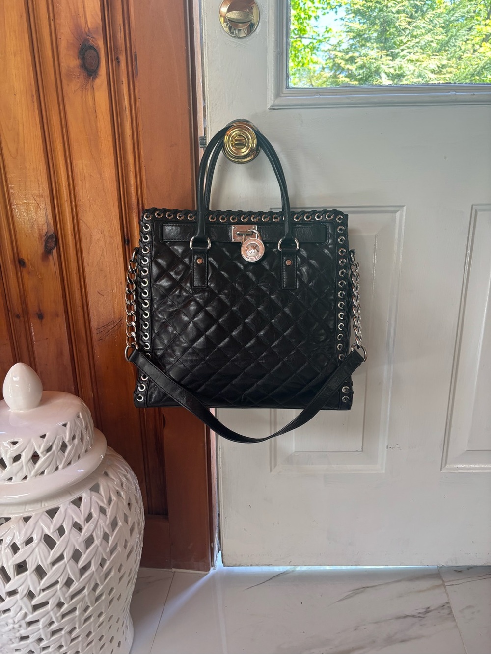 Michael Kors Black Quilted Satchel with Chain Trim